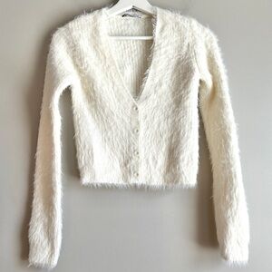 Zara fuzzy crop cardigan sweater womens small ecru off white faux fur vneck soft